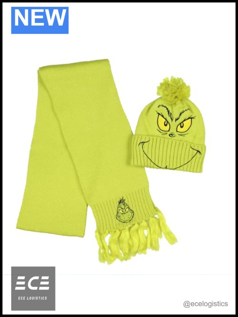 Knit Scarf and Pom Cuffed Beanie Set Embroidered Grinch Design